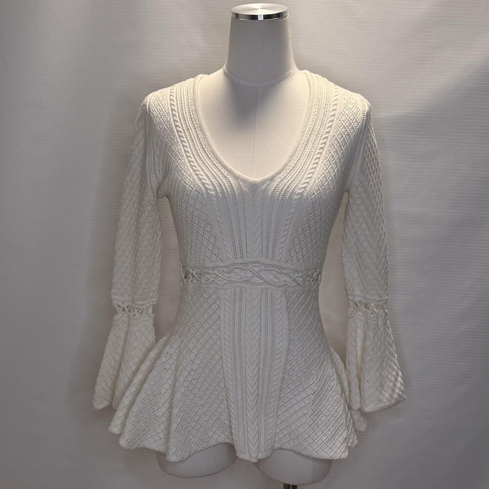 Jonathan Simkhai Sweater Womens Small White V Neck Bell Sleeve Tunic Knit Peplum